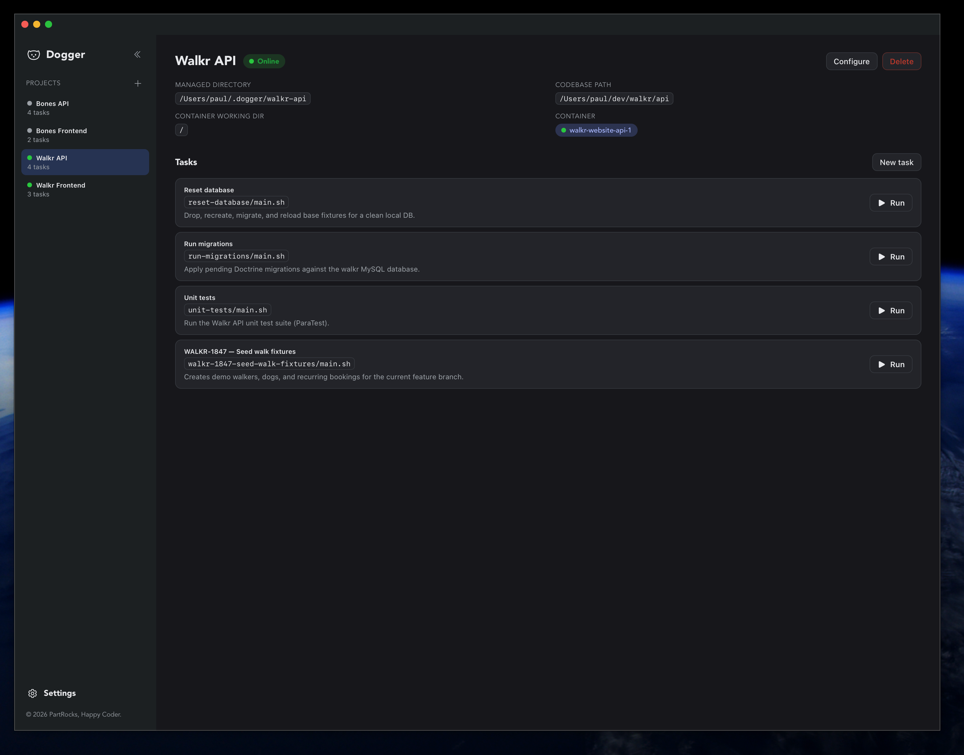 Dogger main window showing a project and its tasks